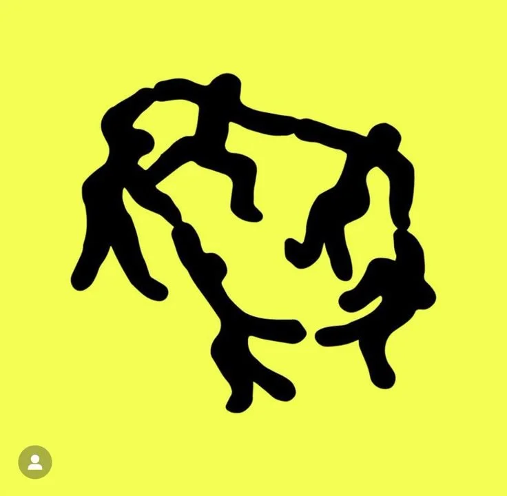 Silhouettes of six people holding hands and forming a circle on a yellow background.