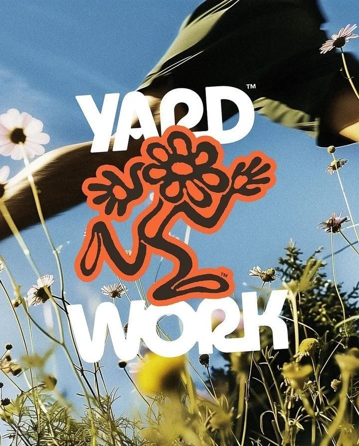 A person running through a field of wildflowers with the words "YARD WORK" and a cartoon flower character superimposed.