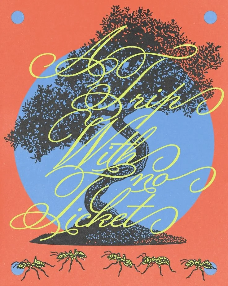 Illustration of a large tree with a snake wrapped around the trunk. The background is red with a blue circle behind the tree. Yellow cursive text overlay reads 'A Tree is a Lot Like an Ant'. At the bottom, there are five ants walking in a line.