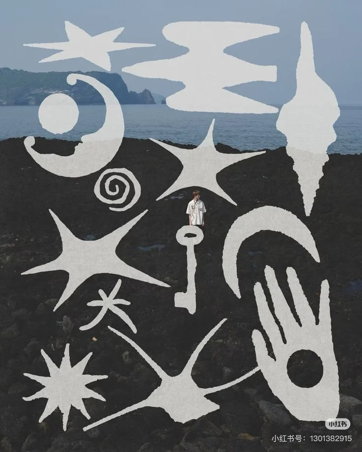 Silhouettes of various abstract shapes and symbols overlaying a seaside landscape with a person walking on rocky terrain.
