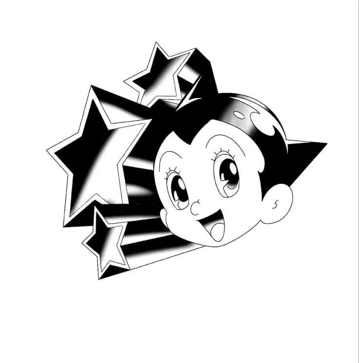A black and white cartoon illustration of a cute girl with large eyes and a big smile, surrounded by five stars of varying sizes and orientations.