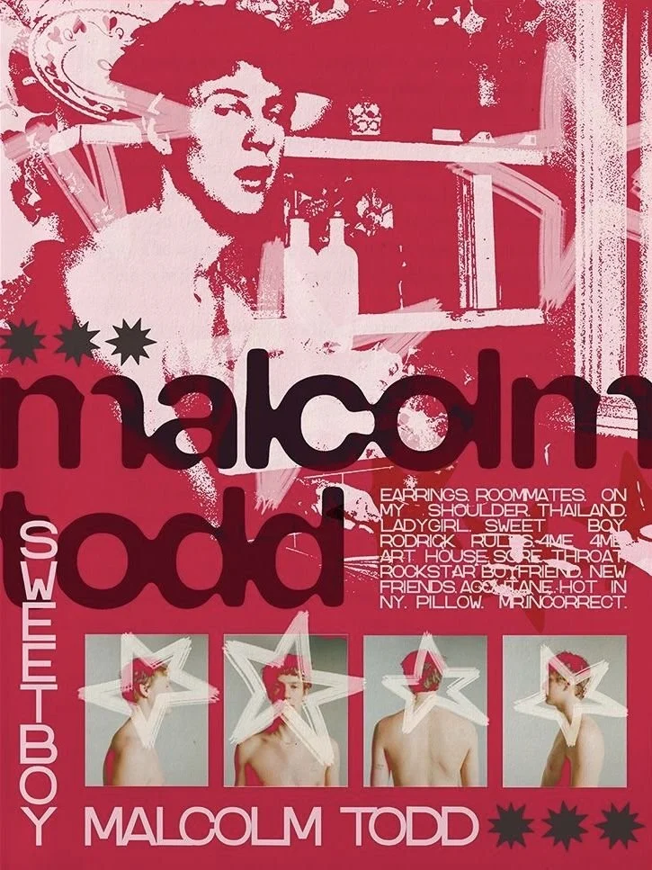Poster featuring Malcolm Todd, a young woman with short dark hair, sitting at a bar with bottles behind her. The poster has a pink background with the text 'Malcolm Todd' in large black letters, along with the phrase 'Sweet Boy' on the left side. It 