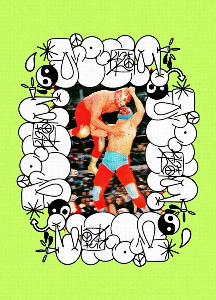 A digital collage combines a wrestling match photo with cartoon doodles and graffiti-style text. The central image features two wrestlers in action, one lifting the other. The border is decorated with black and white doodles of cartoonish hands, peac