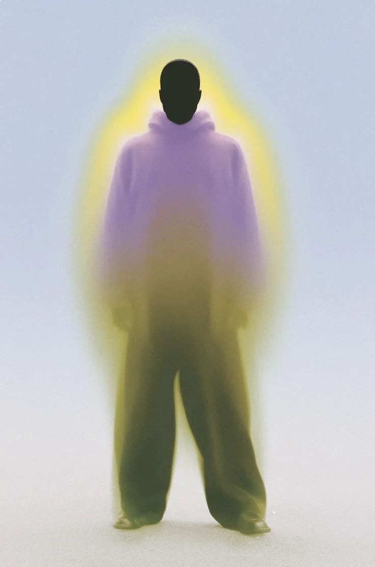 A silhouette of a person wearing a hoodie, with a yellow glow outlining their figure, standing on a plain surface against a light background.