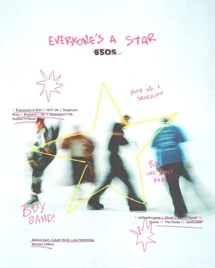 A blurred image of a band or group of people with hand-drawn notes and doodles on a white sheet, including a large yellow star overlay, and phrases like 'Everyone's a star,' 'Boy band,' and other annotations.
