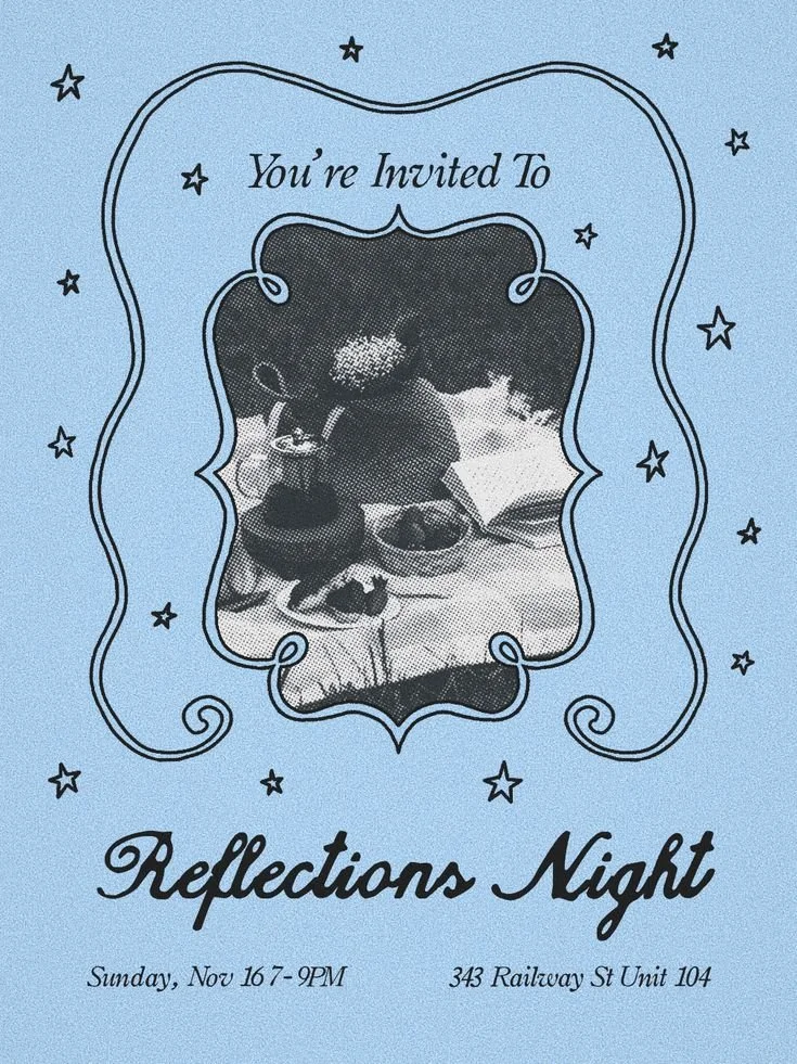 Invitation card for 'Reflections Night' with a light blue background, black decorative border, black text, and an abstract black-and-white collage image in the center, surrounded by small star illustrations. The event is scheduled for Sunday, Novembe