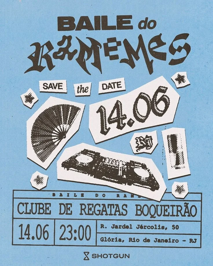 Invitation to a samba dance called 'Baile do Rame Rame' with date June 14th, 2023, at 11:00 PM at Clube de Regatas Boqueirão in Rio de Janeiro, Brazil. Contains images of a fan, a wallet, and a ticket.