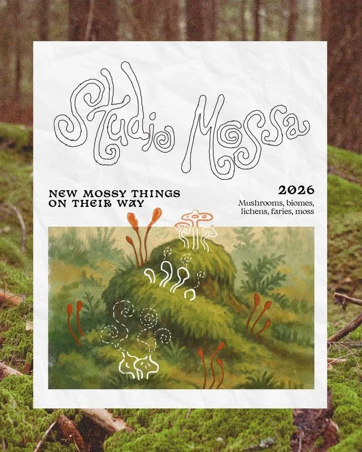 Illustration of a moss-covered hill with stylized mushrooms and fungi emerging from it, set in a lush green forest landscape.