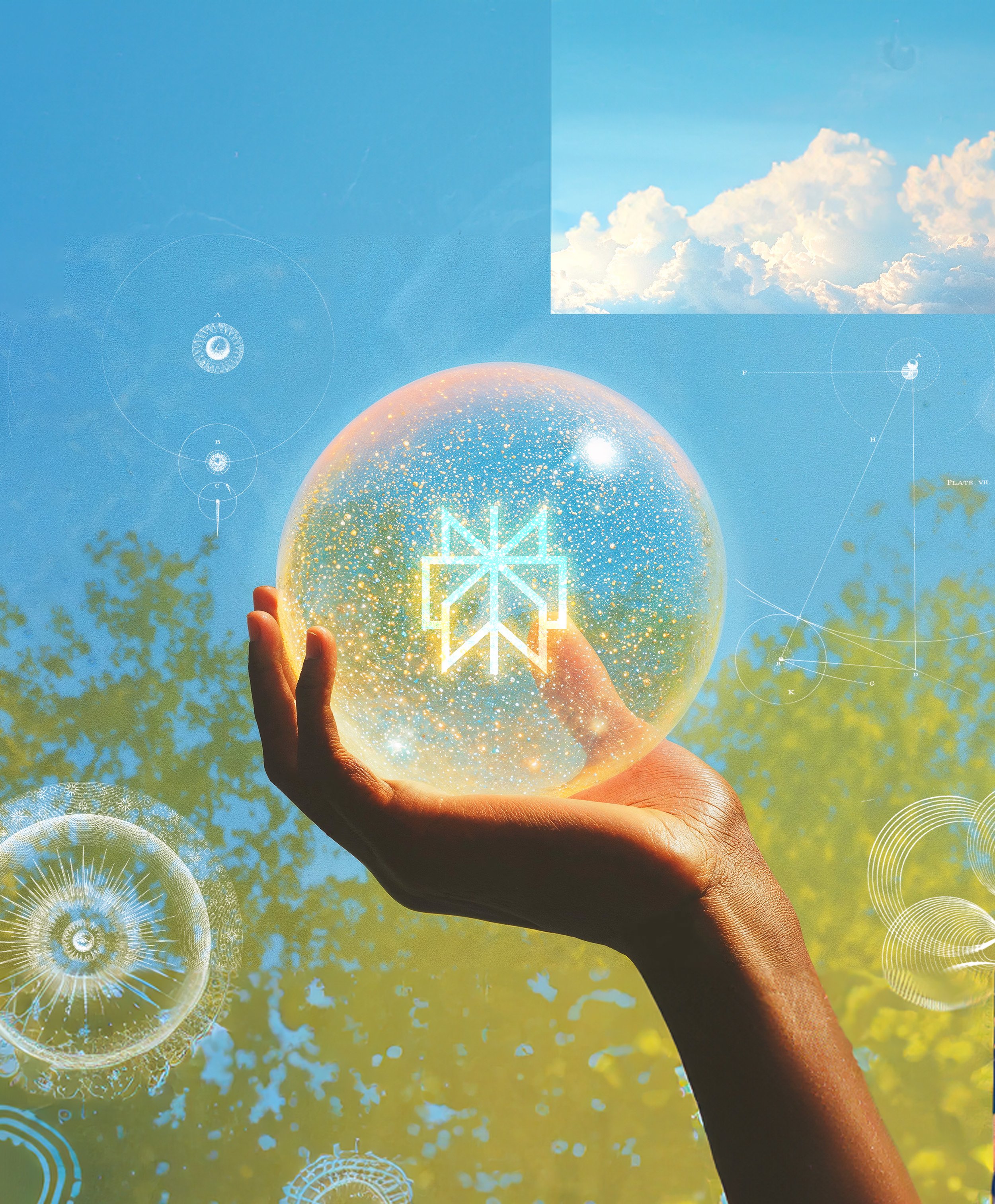 A person holding a glowing globe with sparkles and geometric shapes against a bright blue sky with clouds and tree leaves visible at the bottom.