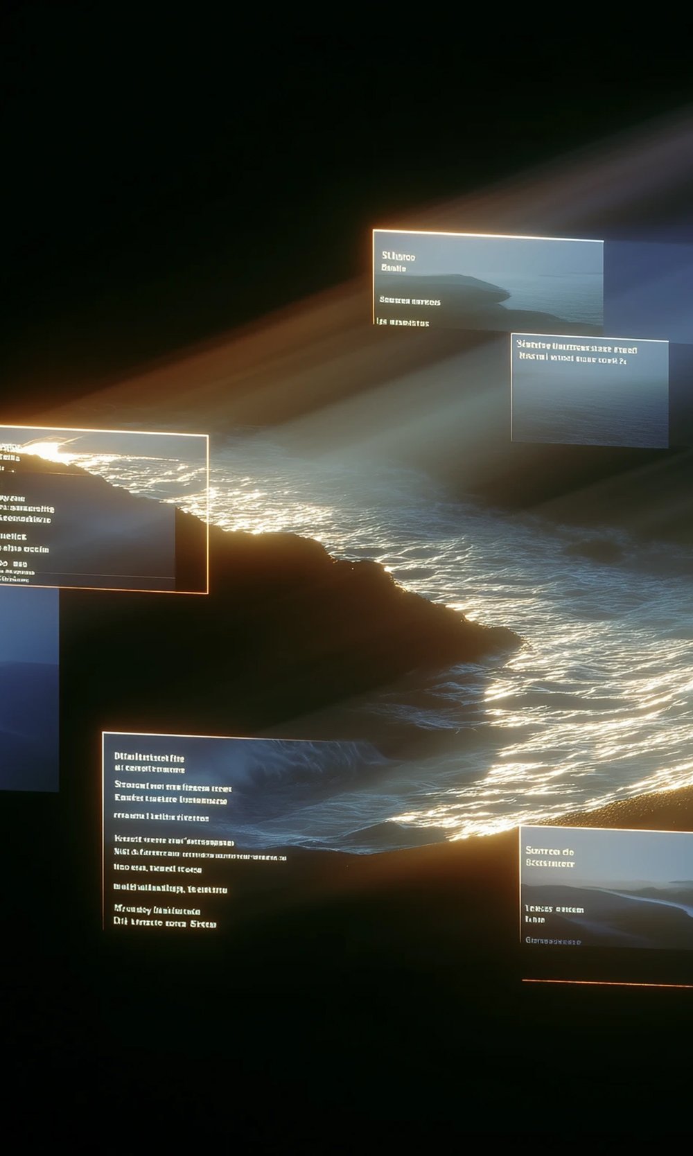Computer screen with multiple floating text boxes displaying information over a background of ocean waves at sunset.