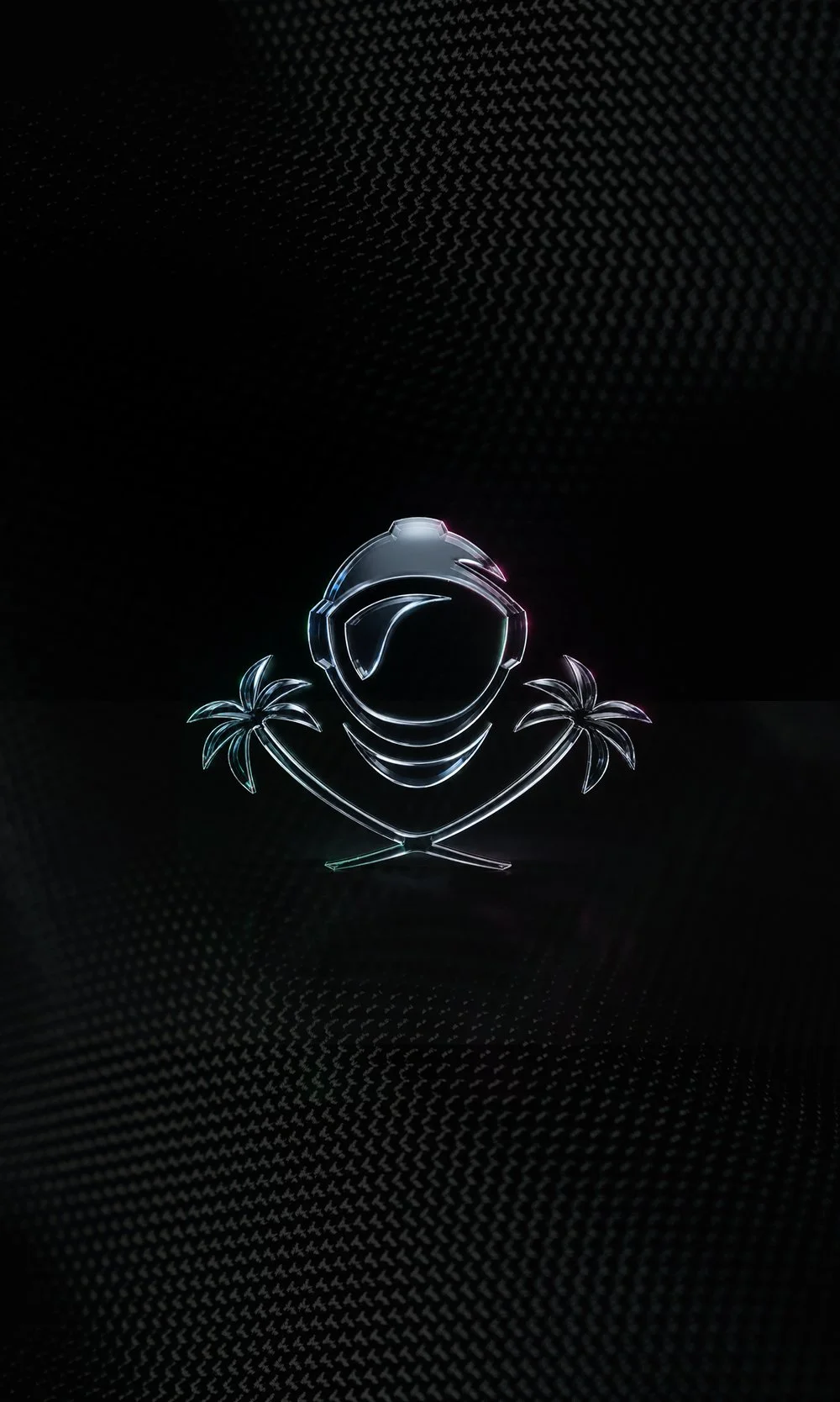 Glowing neon pirate skull and crossbones with palm trees on a black background.