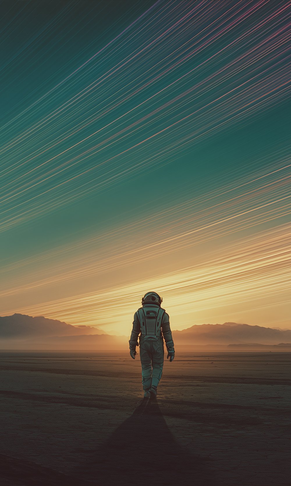 An astronaut walking on a barren landscape at sunset with a star trail sky in the background.