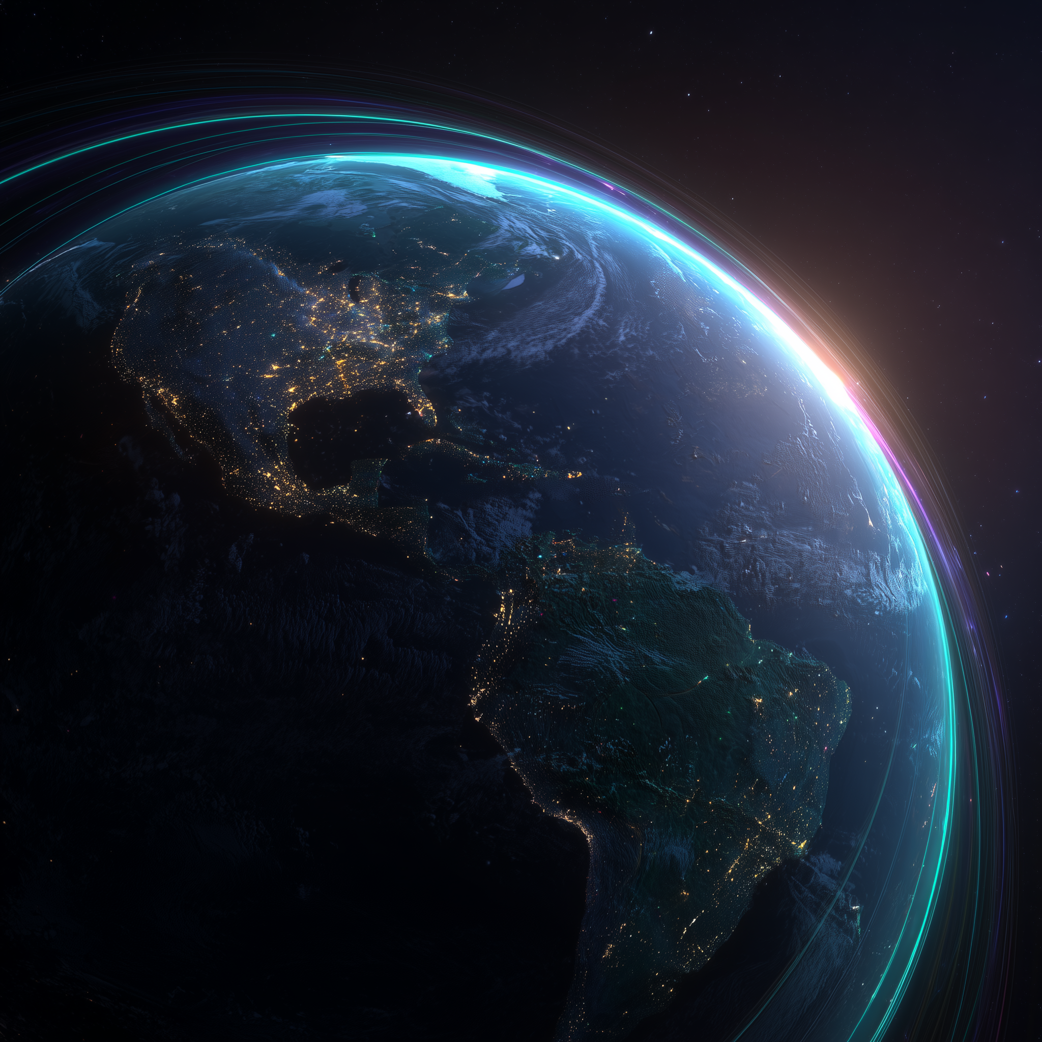 An image of Earth from space showing North America and the Atlantic Ocean, with city lights visible and colorful light streaks around the planet.