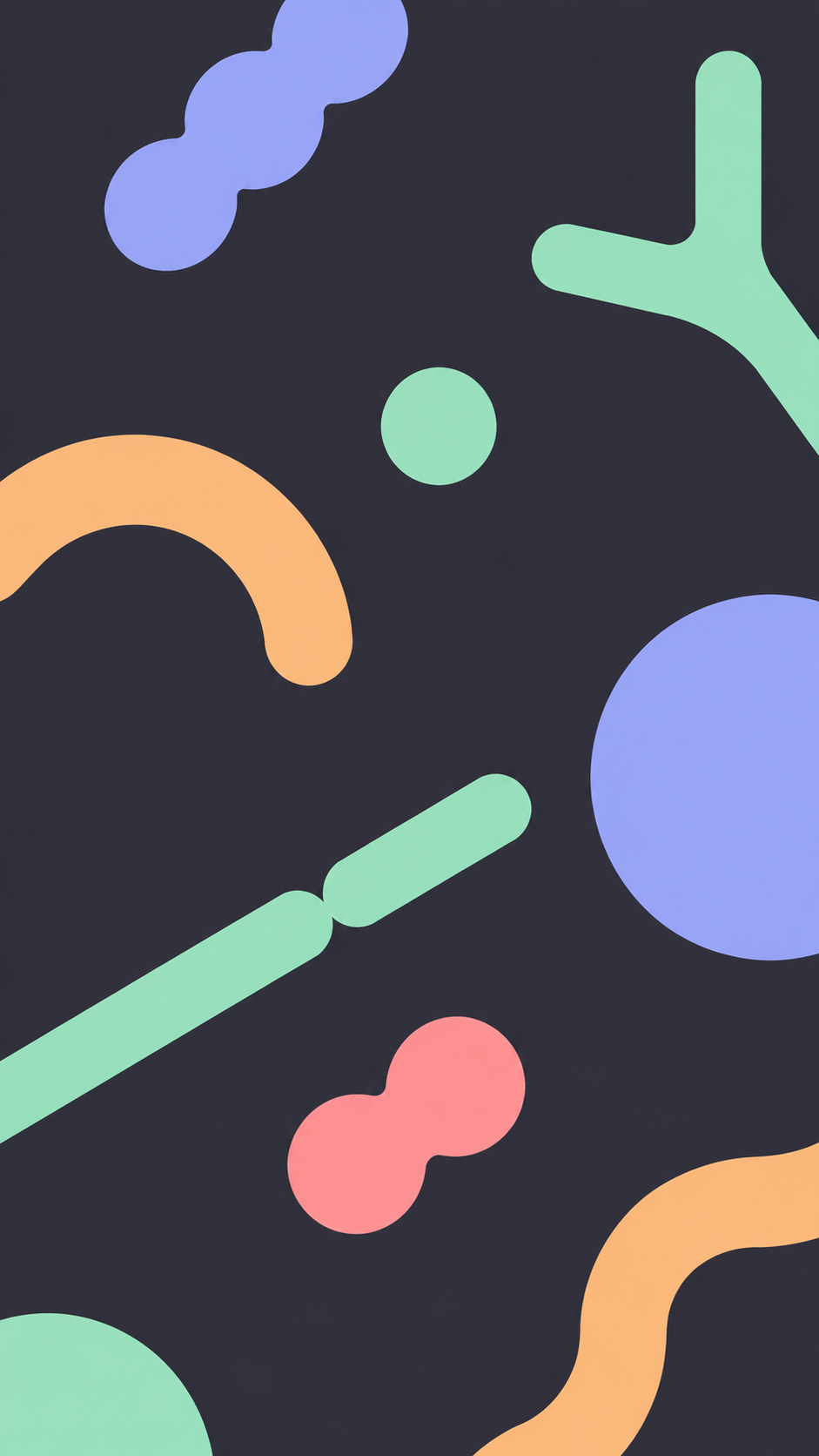 Abstract colorful shapes on a dark background, including circles, curved lines, and irregular forms in pastel shades of blue, green, orange, and pink.