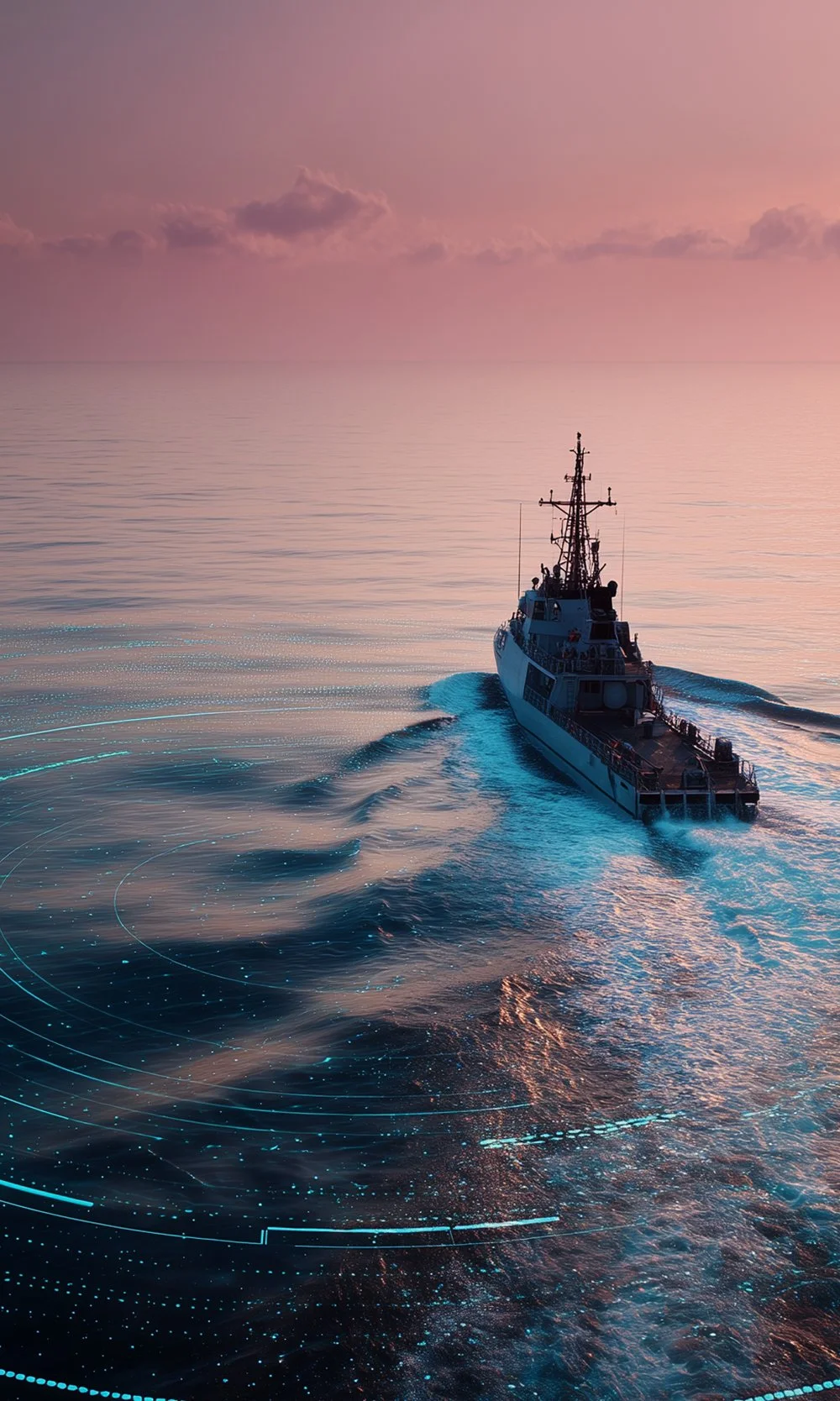 A boat sailing on calm ocean waters during sunset with pink sky and scattered clouds, with digital overlay of glowing blue radar or sonar lines.