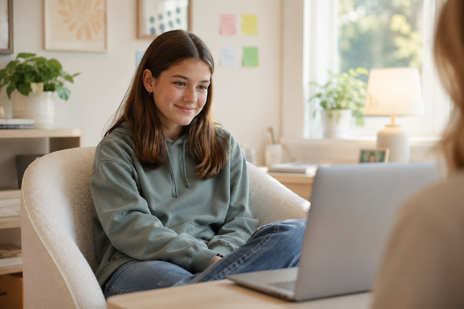 Young woman with brown hair smiling while sitting in a cozy living room, looking at a laptop.