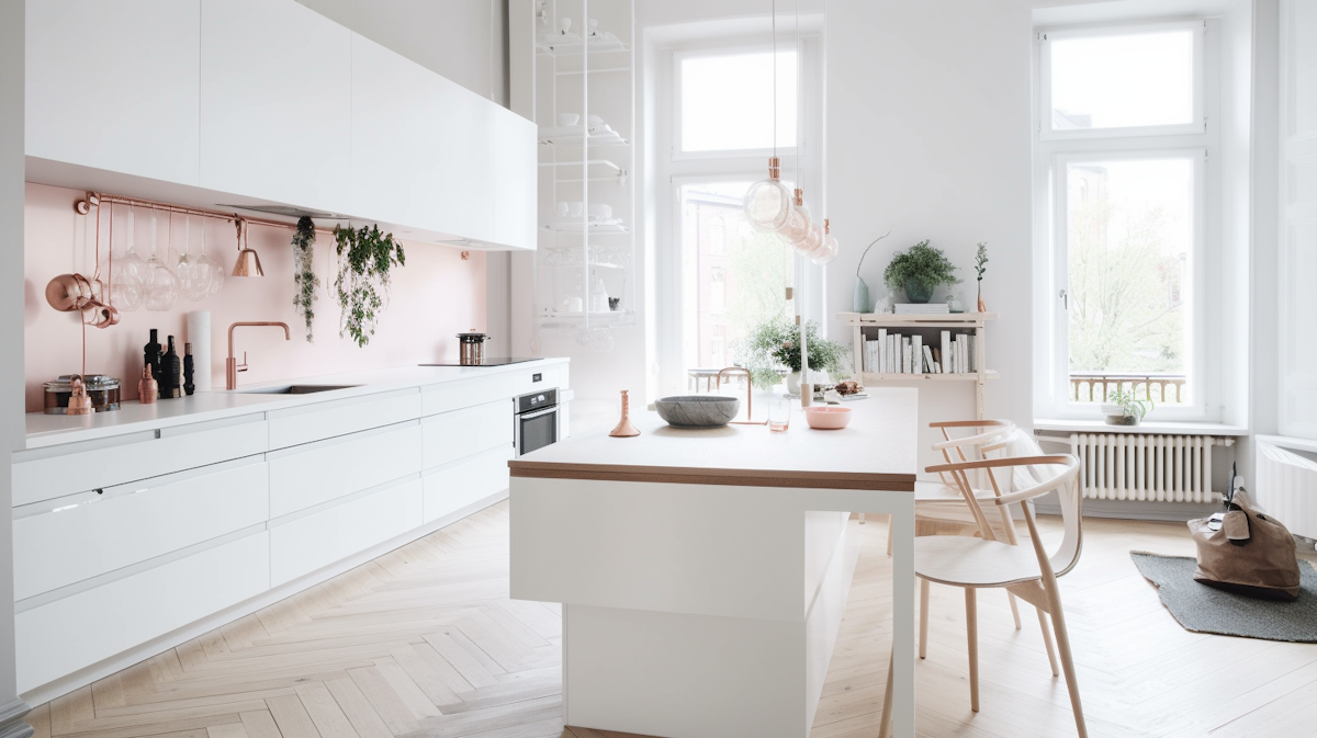 Bright, minimalist kitchen with white cabinets, an island, and large windows