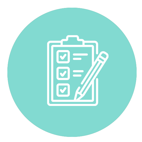 Icon of a clipboard with checkmarks and a pen, symbolizing completing a checklist or form.