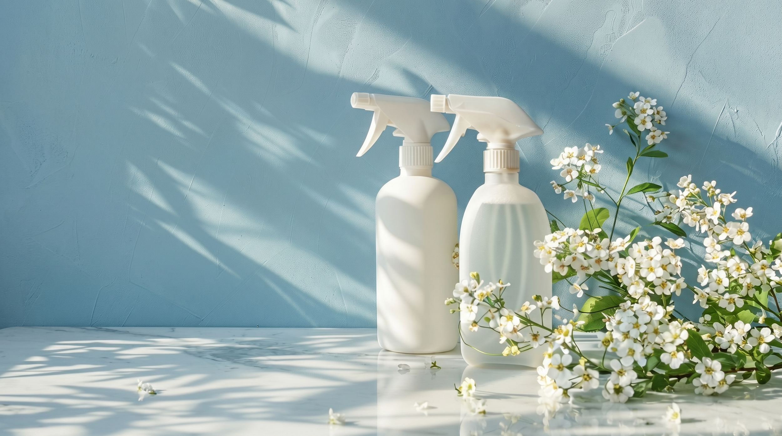 Two white spray bottles with white flowers and green leaves on a marble surface against a light blue wall with shadows.