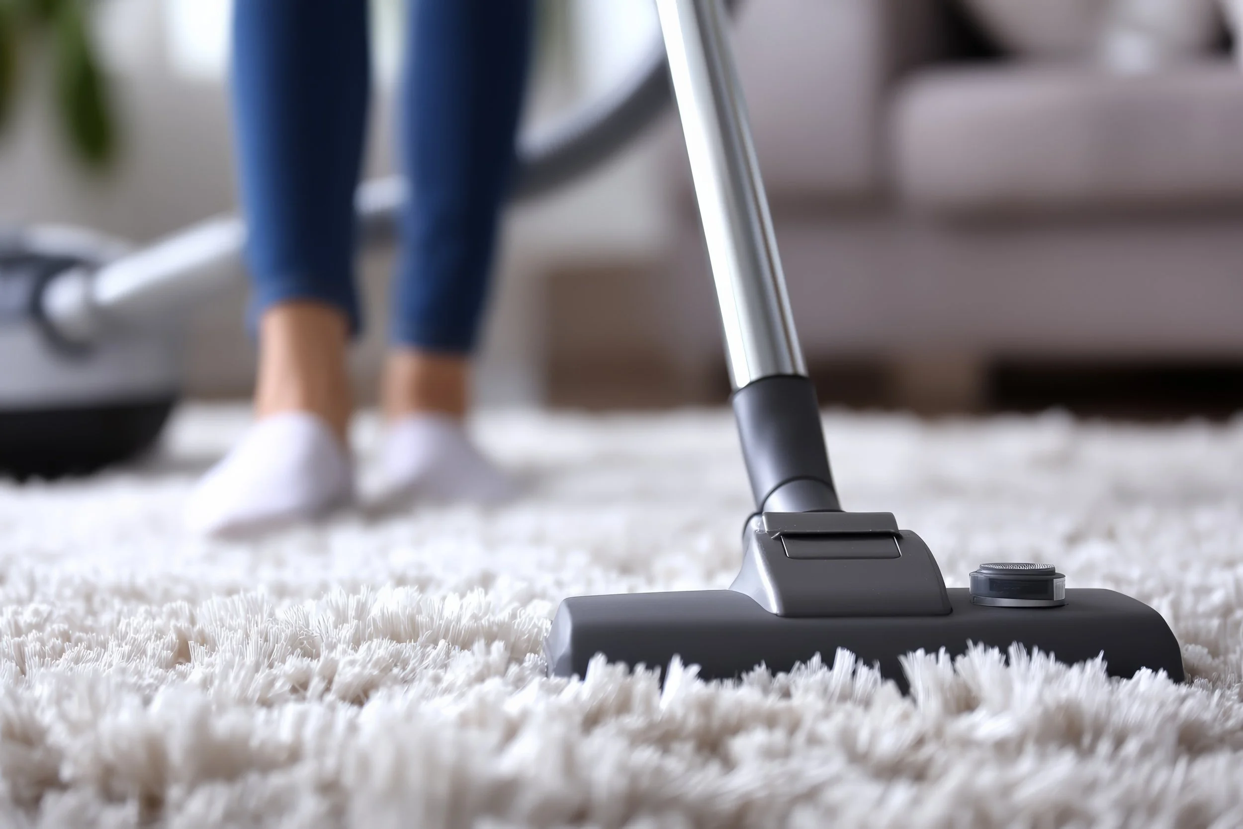 Close-up of a vacuum cleaner on a white shag carpet, with a person's feet in white sneakers and blue jeans visible in the background.