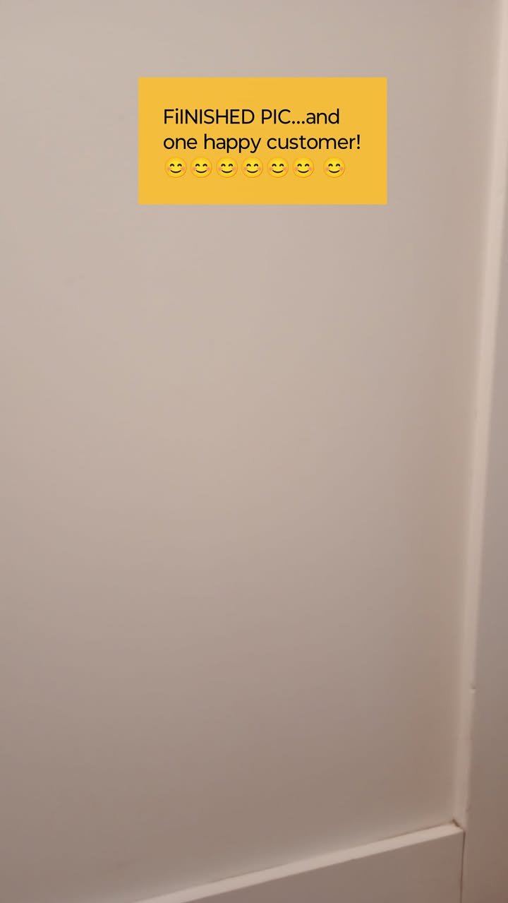 Yellow sign on a white wall with black text that says, "Finished pic...and one happy customer!" with seven smiling emojis underneath.