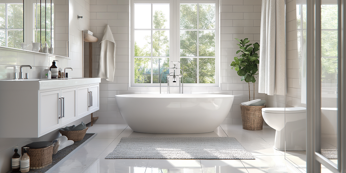 Bright bathroom with a freestanding bathtub, large window, vanity with sink, potted plant, and a toilet.