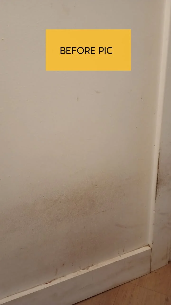 A white wall with a yellow paper sticker that reads 'BEFORE PIC' placed near the top.
