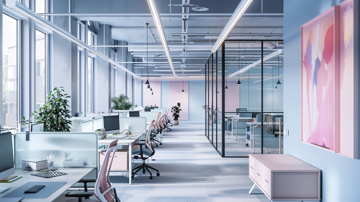 Modern office with white desks, ergonomic chairs, and potted plants, separated by glass walls with a conference room on the right, and large windows allowing natural light to fill the space.