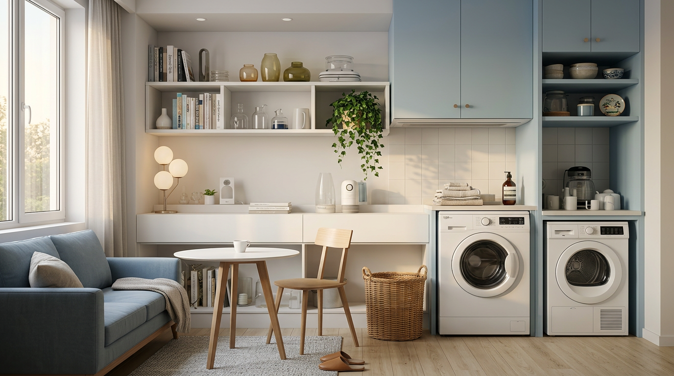 A cozy laundry room with a light blue and white color scheme, featuring a washing machine, dryer, open shelves with dishes, books, and decor, a small round table, a wooden chair, a sofa with cushions, and natural light coming through the window.