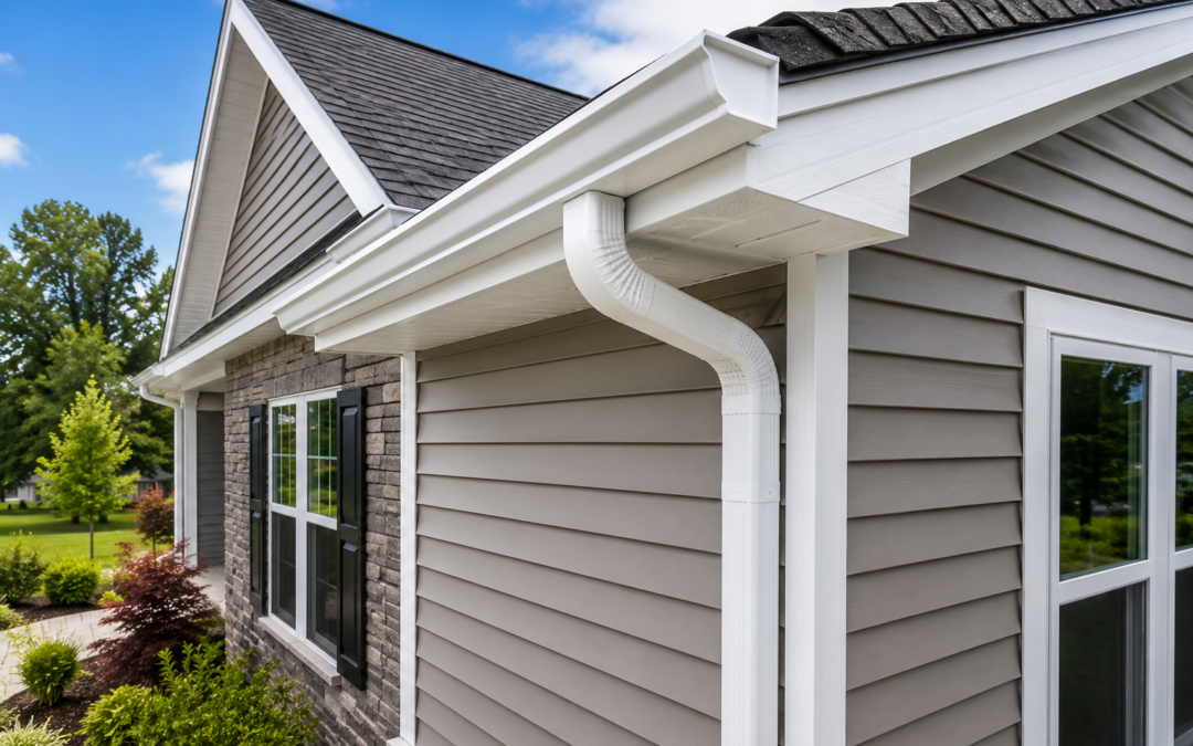 Close-up of a house corner with beige vinyl siding, black window shutters, stone accent wall, and white gutters with a downspout, neighboring trees and bushes, and a blue sky with clouds.