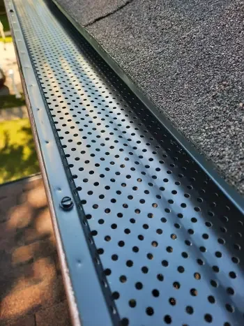 Close-up of a black perforated metal gutter guard on a roof edge.