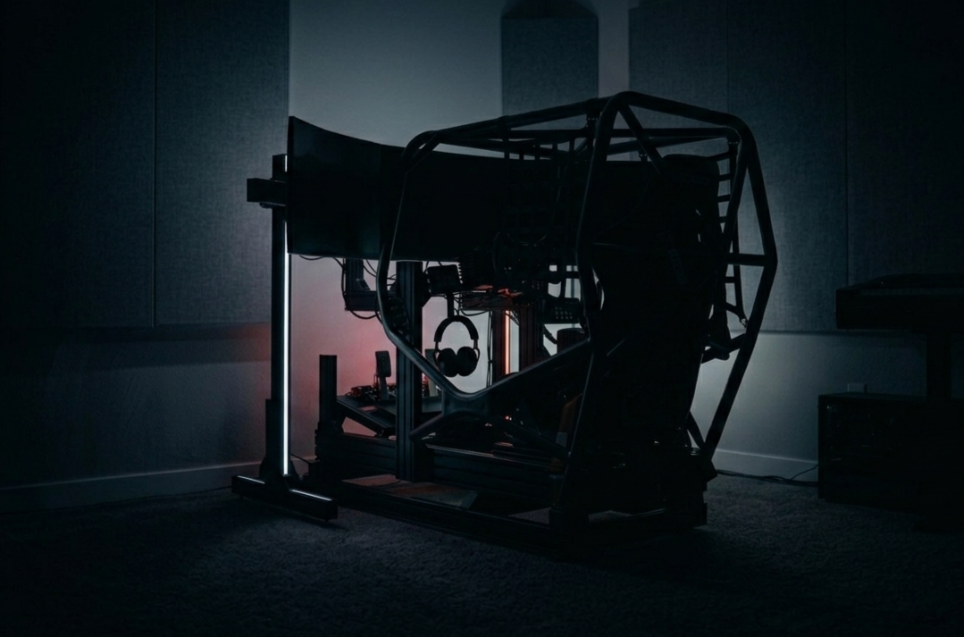 Dark room with the silhouette of a custom fabricated immersive sim rig.