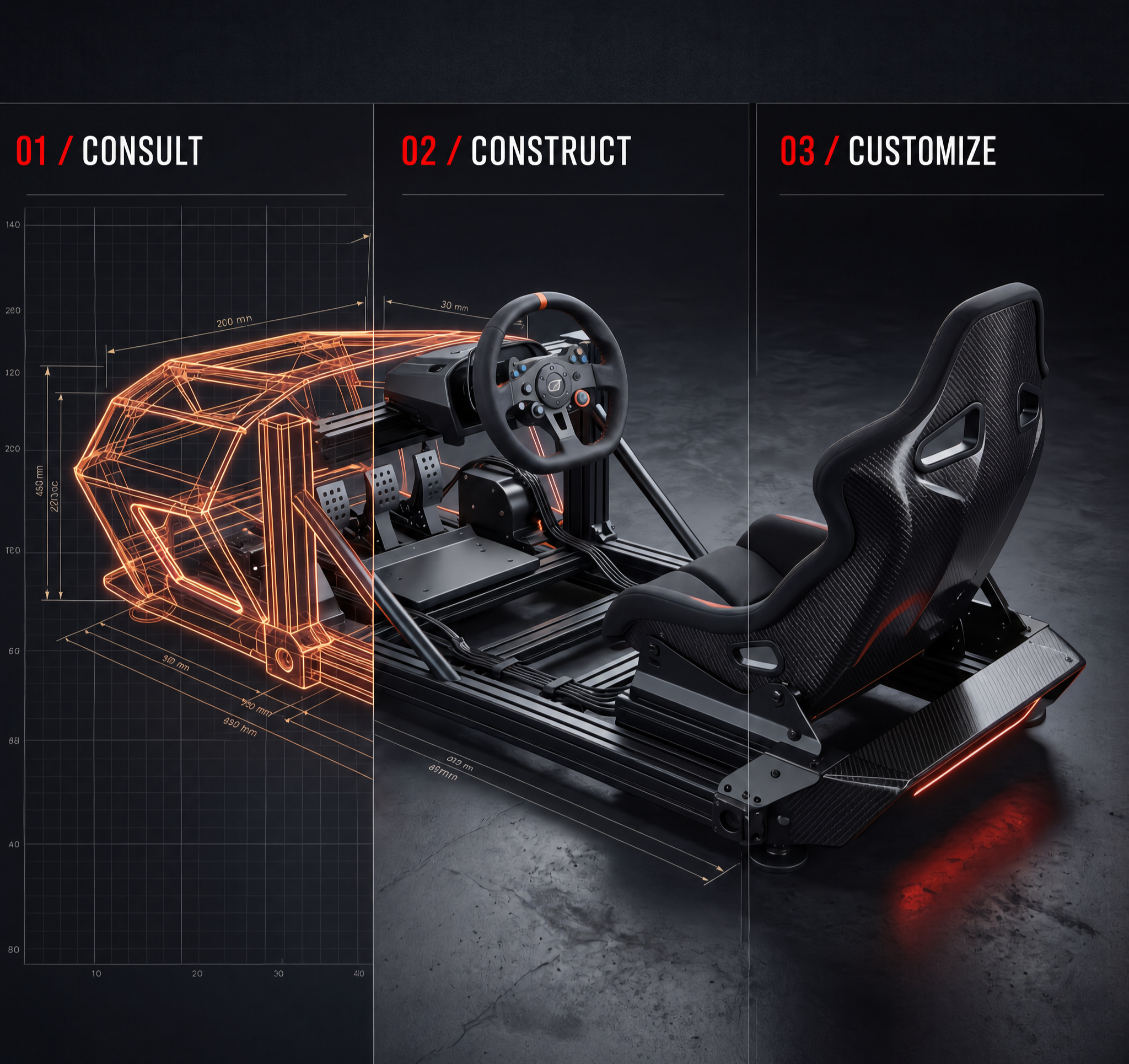 Image showing a race car simulator with a black gaming seat and a steering wheel, featuring technical diagrams and measurements overlayed on the background.