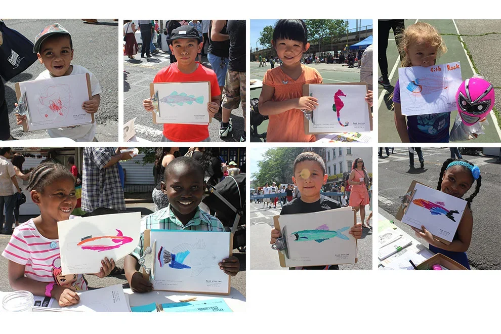 Kids color in fish that swim in the East River
