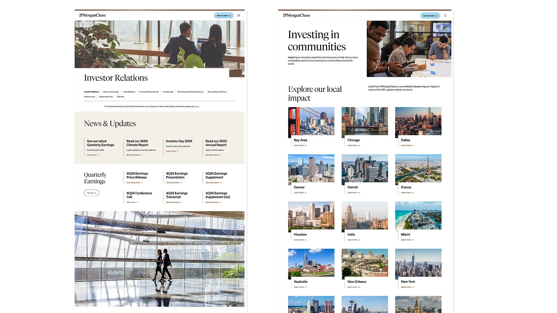 Images across jpmorganchase.com: header hero images, body images, a set of images representing cities