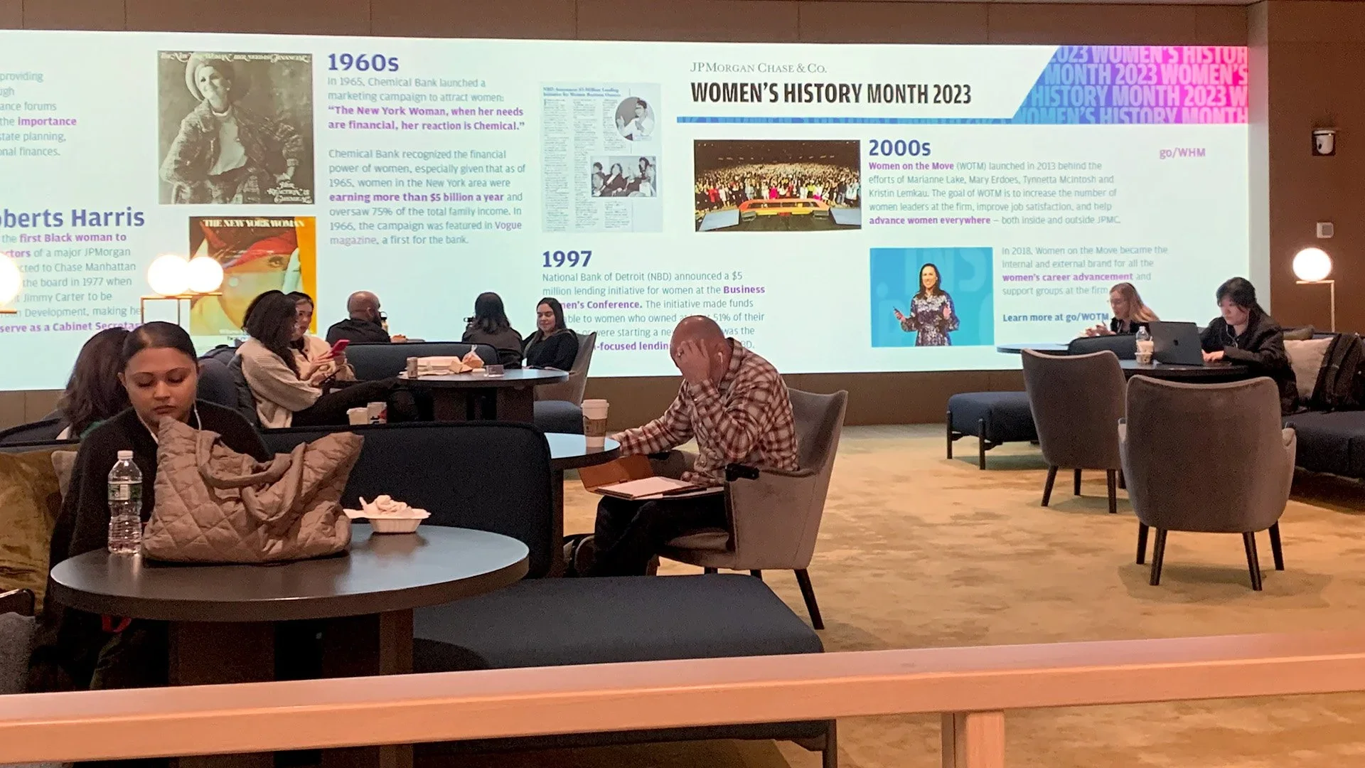 Women's History Month media wall in the 2nd floor lounge in JPMC headquarters.