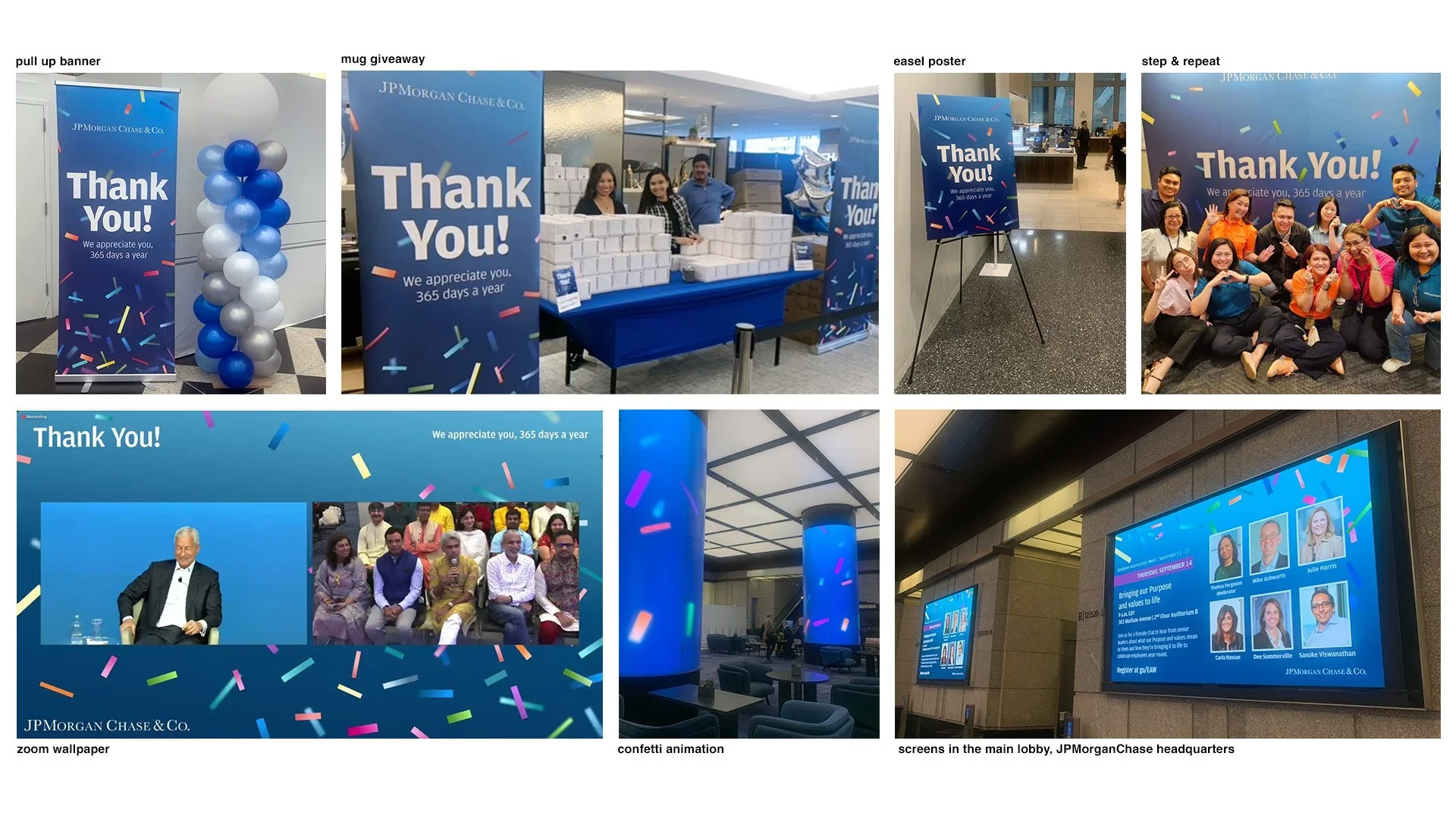 The 2023 Employee Appreciation Week visuals themed JPMC workspaces globally, from pull-up signage, zoom backgrounds, office screens and more.