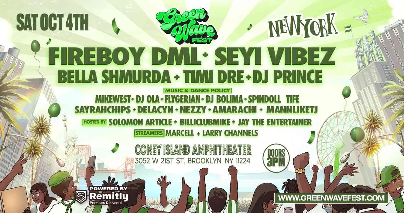 Green Wave Fest poster details the event happening at Coney Island Amphitheater on October 4th, including headliners Fireboy DML and Seyi Vibez. It features performers Bella Shmurda, Timi Drey, DJ Prince, and others, with doors opening at 3 PM. The poster has festive illustrations of people enjoying the event, balloons, and a cityscape background.