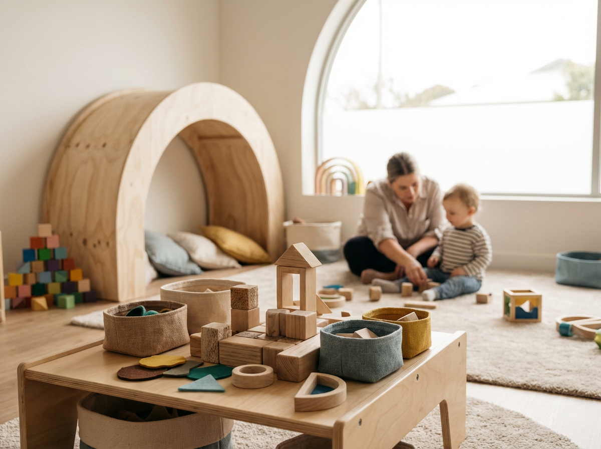 A woman and a young child playing with wooden blocks in a well-lit room with a large window. The room has a cozy, organized space with soft bedding against the wall, a pile of colorful wooden blocks, and baskets filled with toys.