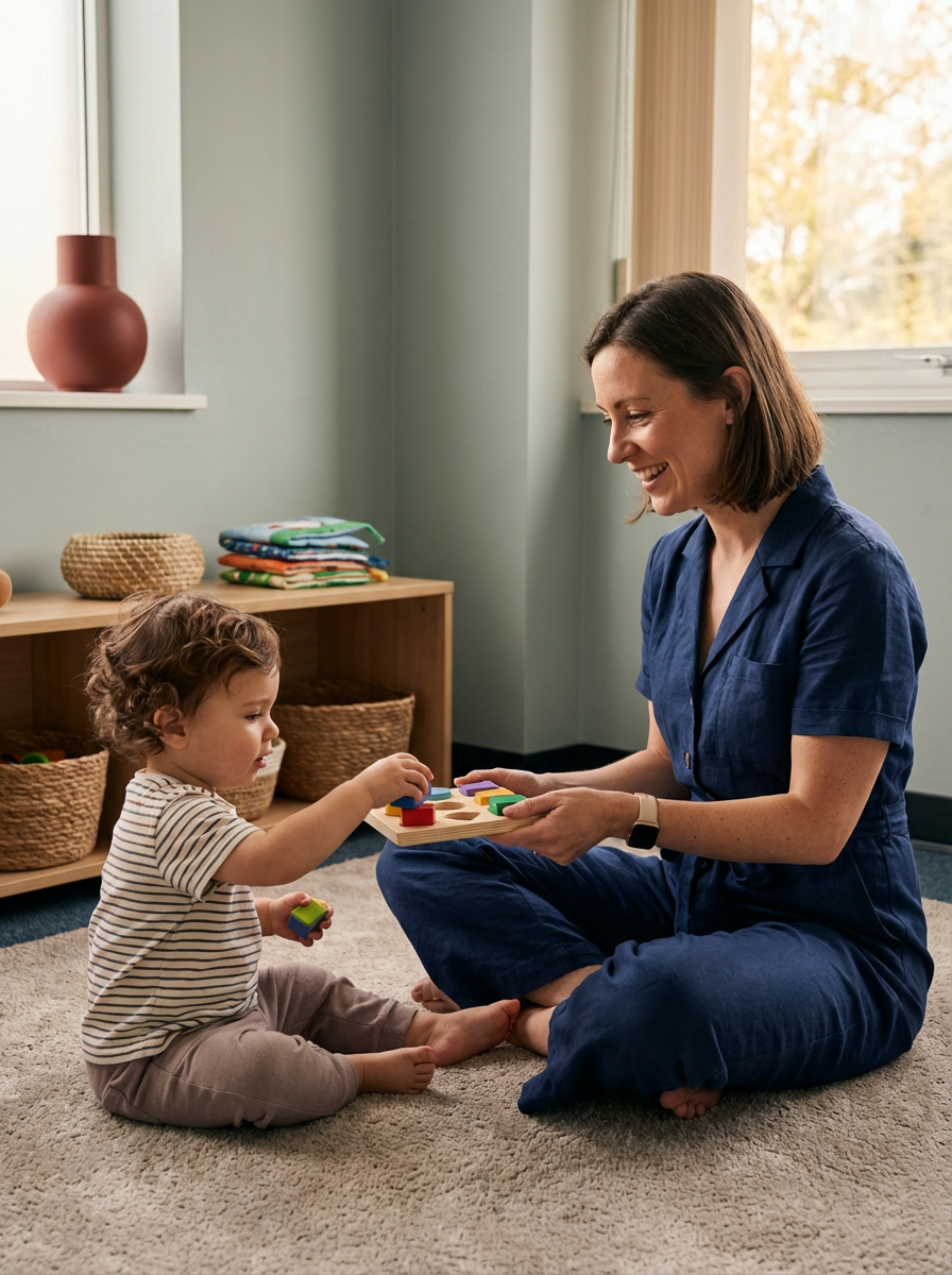A woman and a young girl sitting on a carpeted floor playing with colorful wooden puzzle pieces. The woman is smiling and holding a puzzle board, while the girl is reaching for a puzzle piece. There are baskets and folded cloths on a shelf in the background near a window.