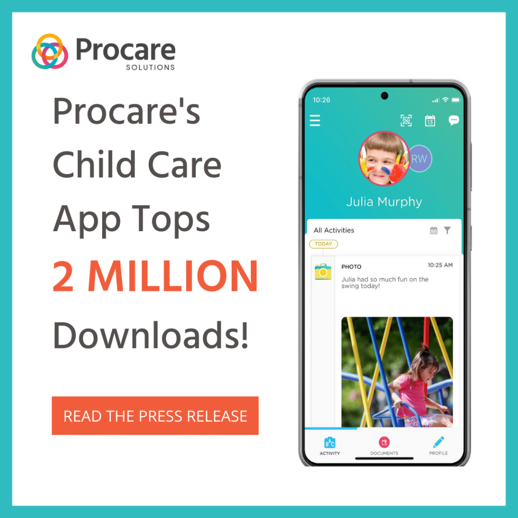 Promotional graphic showcasing Procare's child care app, highlighting 2 million downloads, featuring a smartphone displaying a child's profile with activities and photos, and a colorful logo in the top left corner.