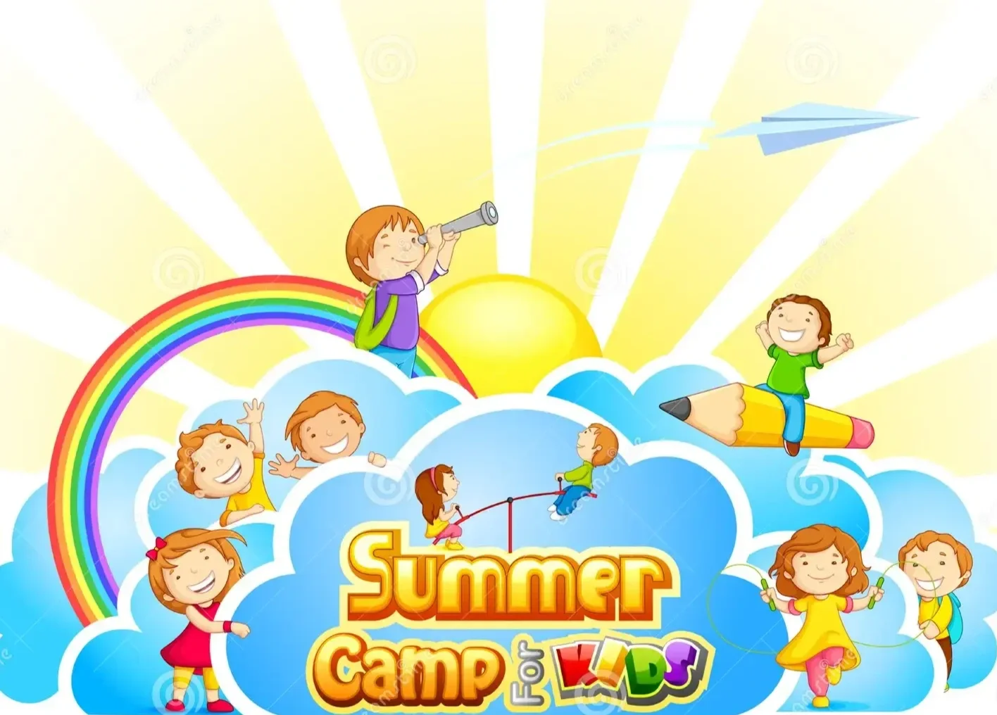 Children playing outdoors, some sitting on clouds, one looking through a telescope, others riding a swing, jumping rope, and flying paper airplanes with a rainbow, sun, and clouds in the background, promoting a summer camp for kids.