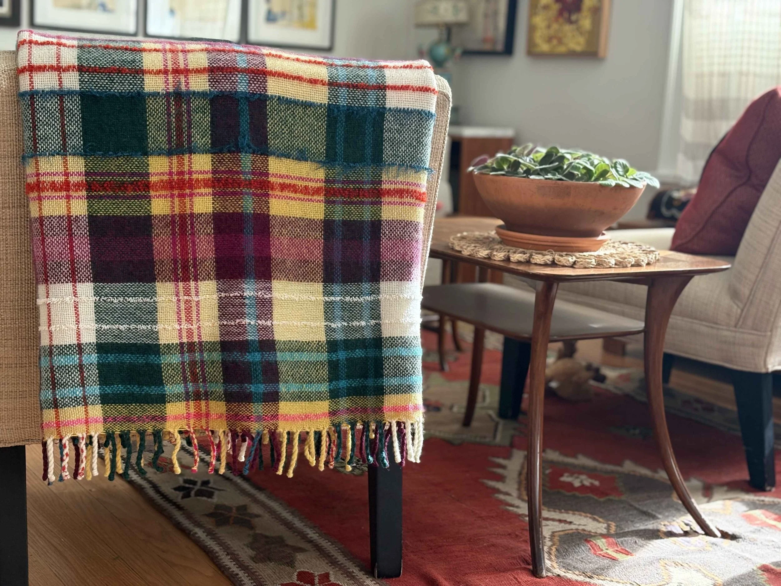 Close-up of a colorful plaid blanket with fringes draped over the back of a beige armchair in a cozy living room. A wooden side table with a terracotta pot filled with green succulents is nearby, and framed artwork decorates the wall in the backgroun