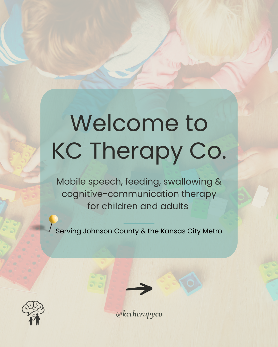 Children playing with colorful building blocks on a table with a sign for KC Therapy Co. offering speech, feeding, swallowing, and cognitive-communication therapy, serving Johnson County and the Kansas City Metro.