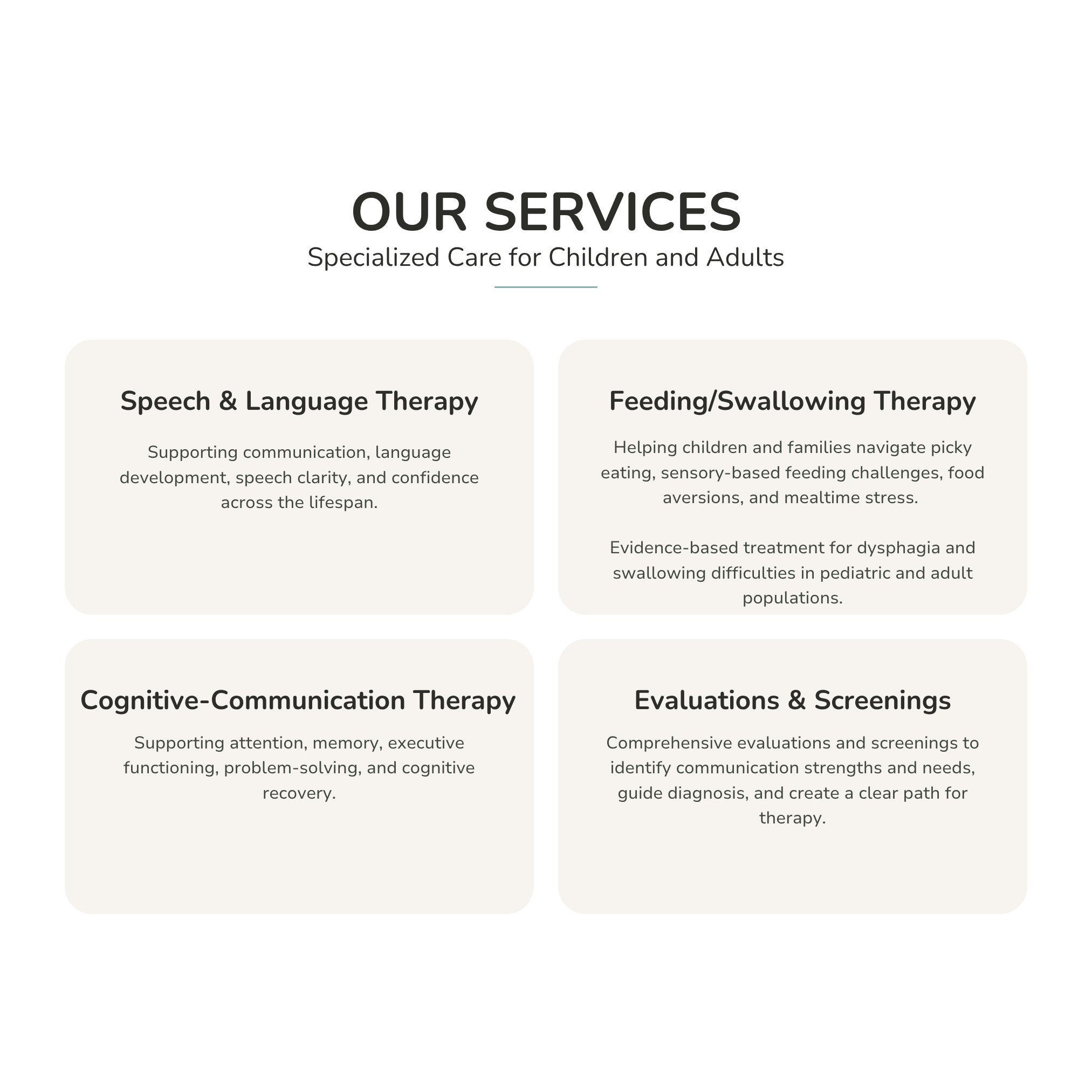 Website services page for speech therapy practice offering pediatric and adult speech, language, feeding, swallowing, and cognitive-communication services
