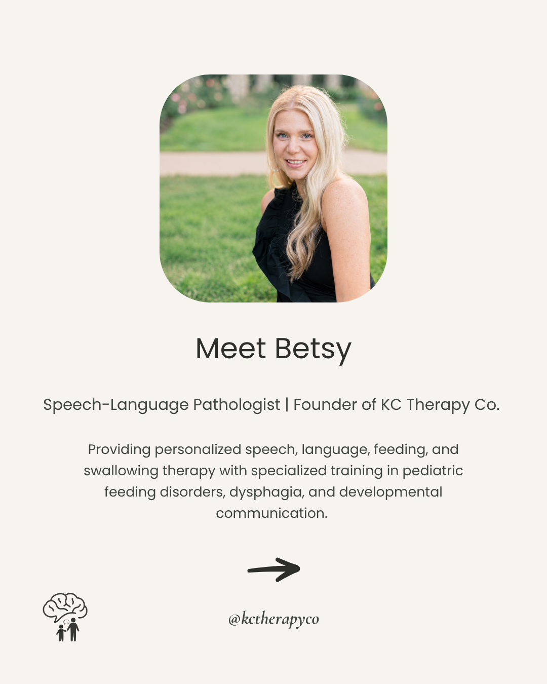 Professional headshot of speech-language pathologist Betsy, KC Therapy Co. provider, smiling outdoors in a park