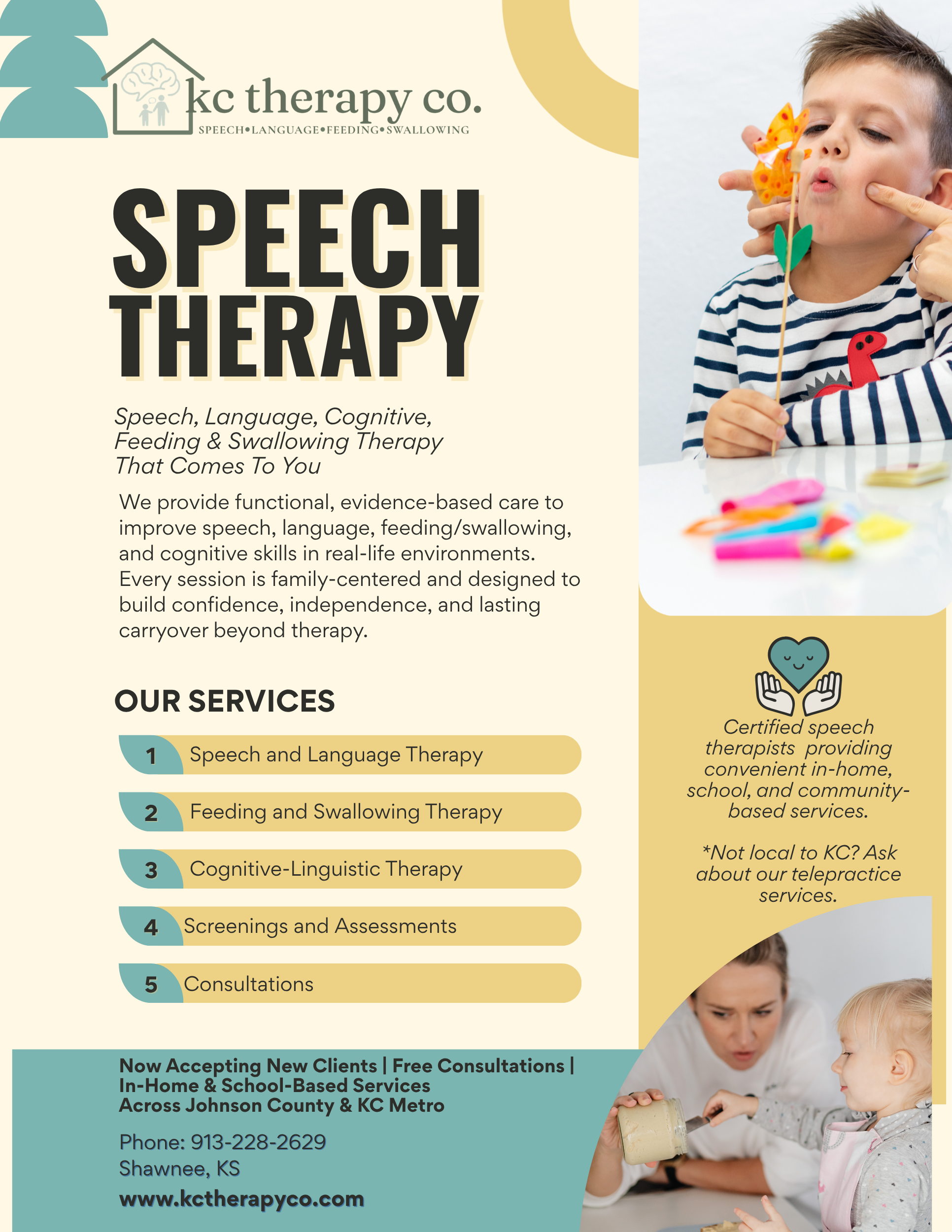 Flyer for KC therapy co., a speech therapy service. It features a logo with a house and a brain, and images of children and a therapist during therapy sessions. The flyer lists services including speech and language therapy, feeding and swallowing therapy, and cognitive-linguistic therapy. It mentions in-home and school-based services, a phone number, location in Shawnee, Kansas, and a website URL.