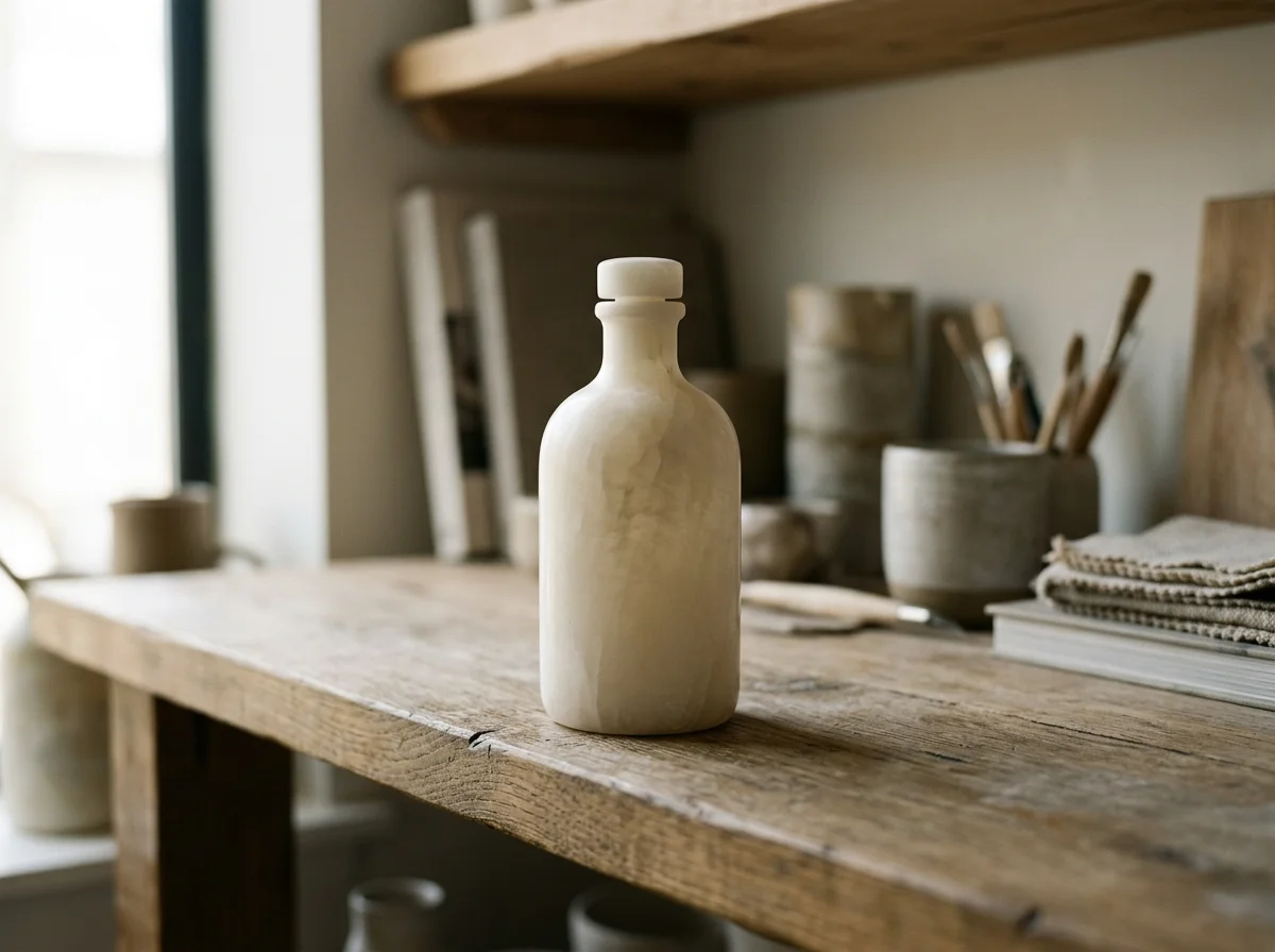 A white alabaster bottle on a rustic wooden table in a workshop with various tools and supplies in the background.