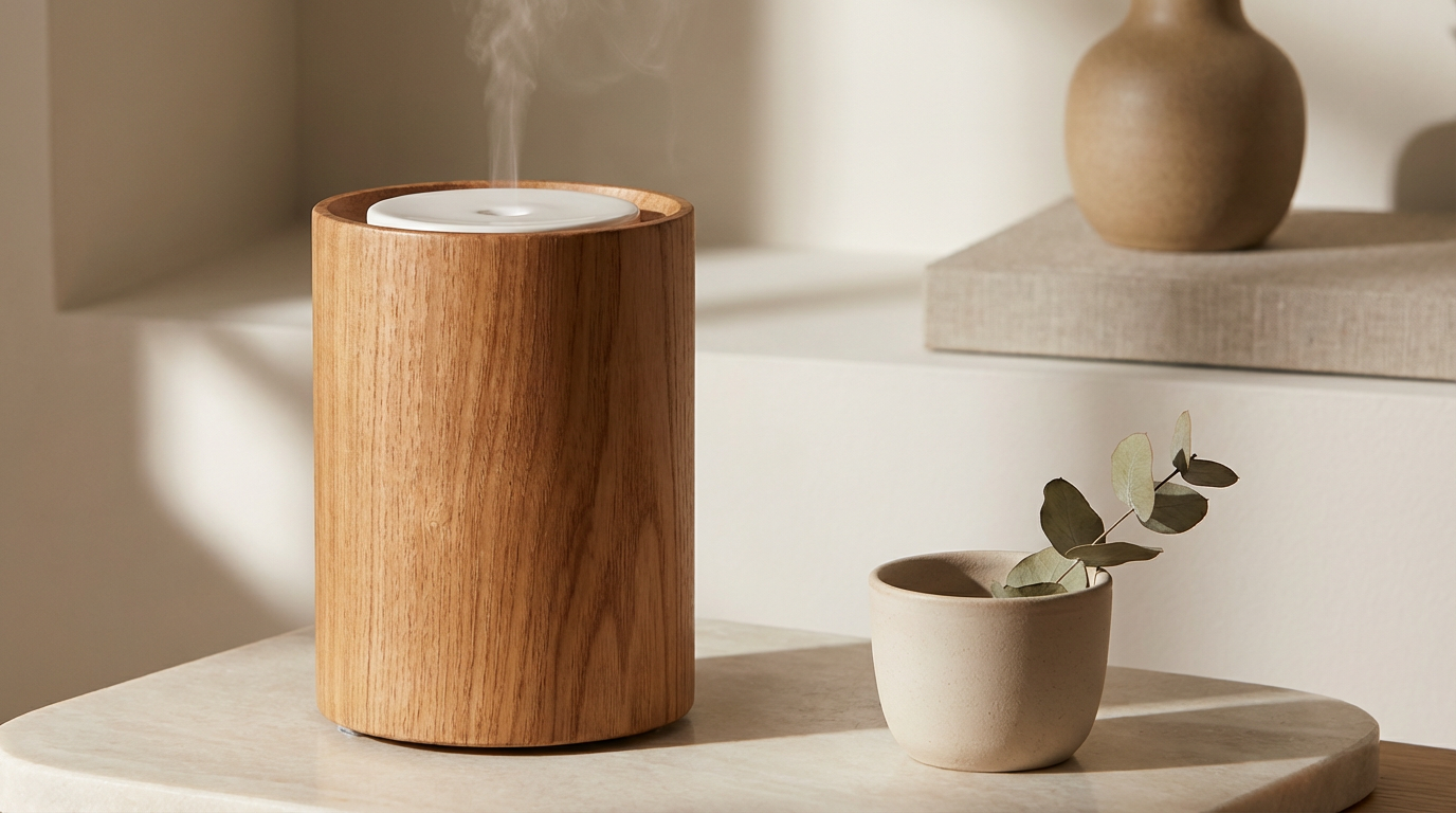 A wooden essential oil diffuser with steam rising from it, placed on a beige surface next to a small beige ceramic cup with a eucalyptus branch inside, in a minimalist setting with neutral tones.