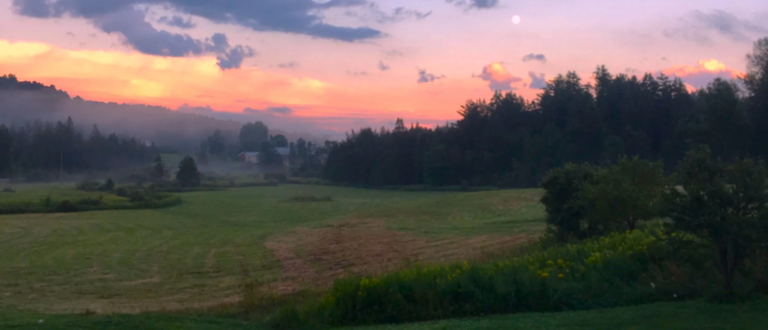 A rural landscape at dusk with a colorful sky, cloudy with pink, purple, and orange hues, a bright moon, green fields, trees, and distant houses.